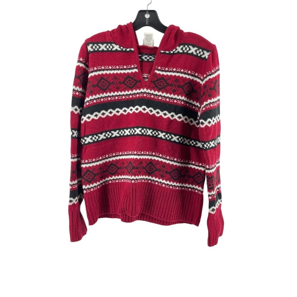 Fashion Bug Women's Red Striped Hooded Knit Sweater Long Sleeve Size Medium